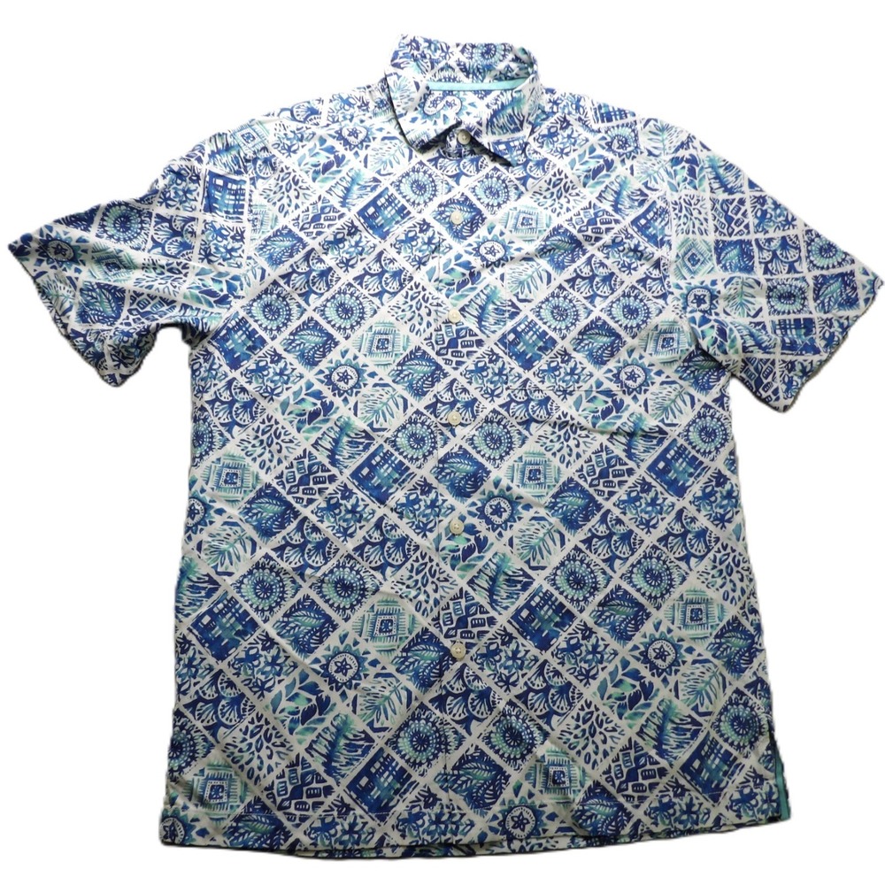 Tommy Bahama Men S Blue Silk Coolmax Mosaic Short Sleeve Camp Button Up Shirt SS